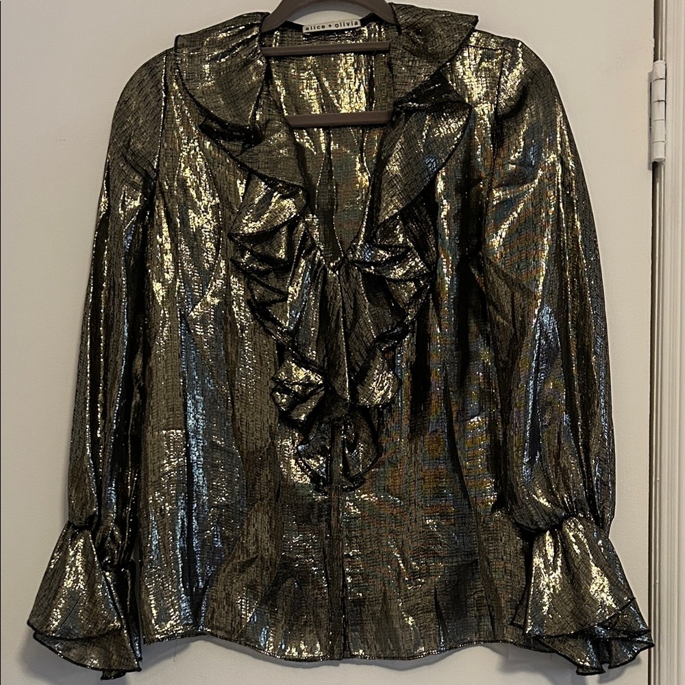 Alice + Olivia Shimmering Black and Gold Ruffle Blouse